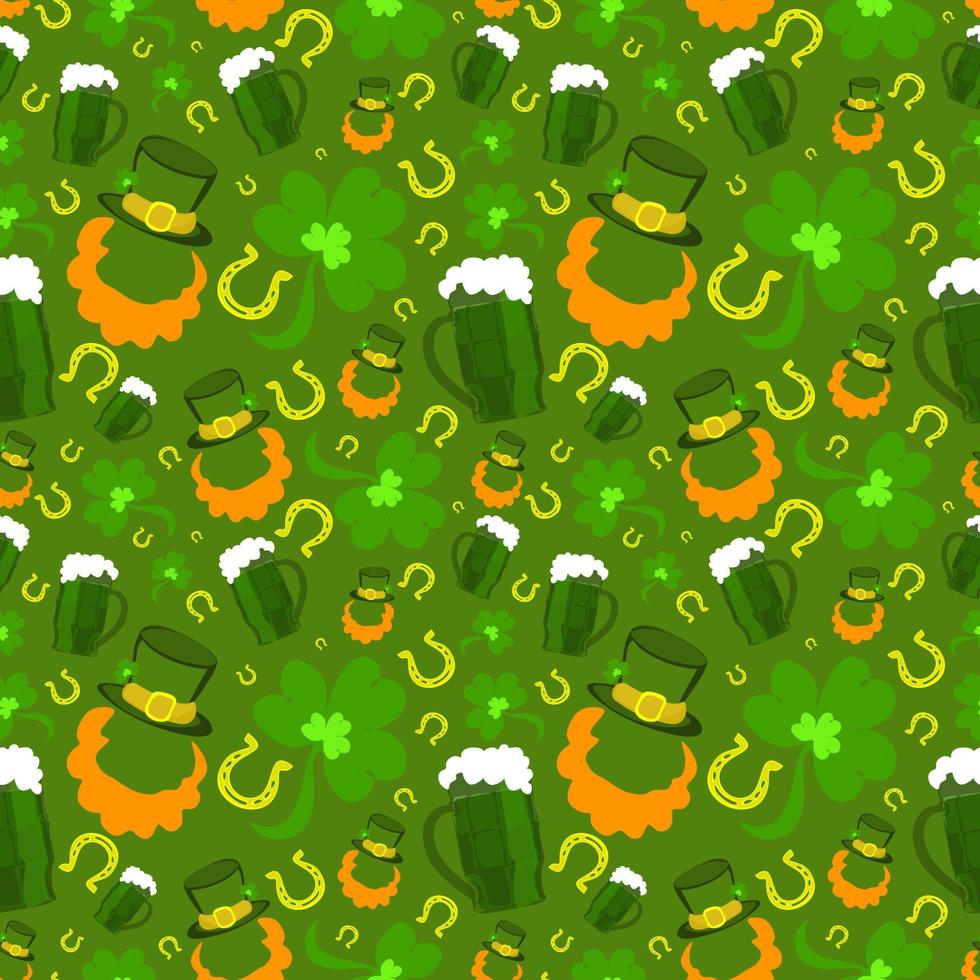 naadloos patroon van st. Patrick dag met elf van Ierse folklore hoed, pot van goud, elf van Ierse folklore laarzen en Klaver blad elementen Aan wit achtergrond. perfect voor behang, vakantie groet kaarten, geschenk papier. vector