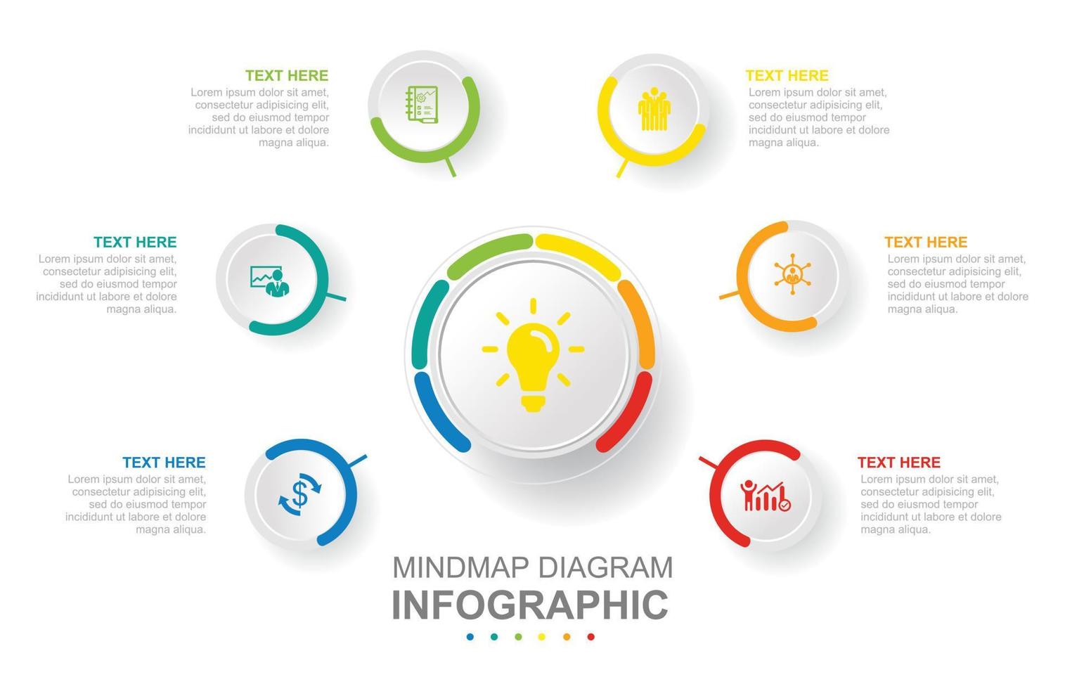 infographic bedrijf sjabloon. 6 stappen modern mindmap diagram met cirkel onderwerpen. concept presentatie. vector