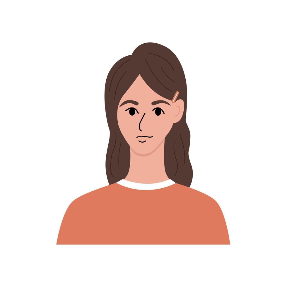 modern jong vrouw portret vlak. mooi meisje met bruin haar- in een oranje t-shirt. gezicht, hoofd karakter portret. hand- getrokken vector illustratie geïsoleerd Aan wit achtergrond.