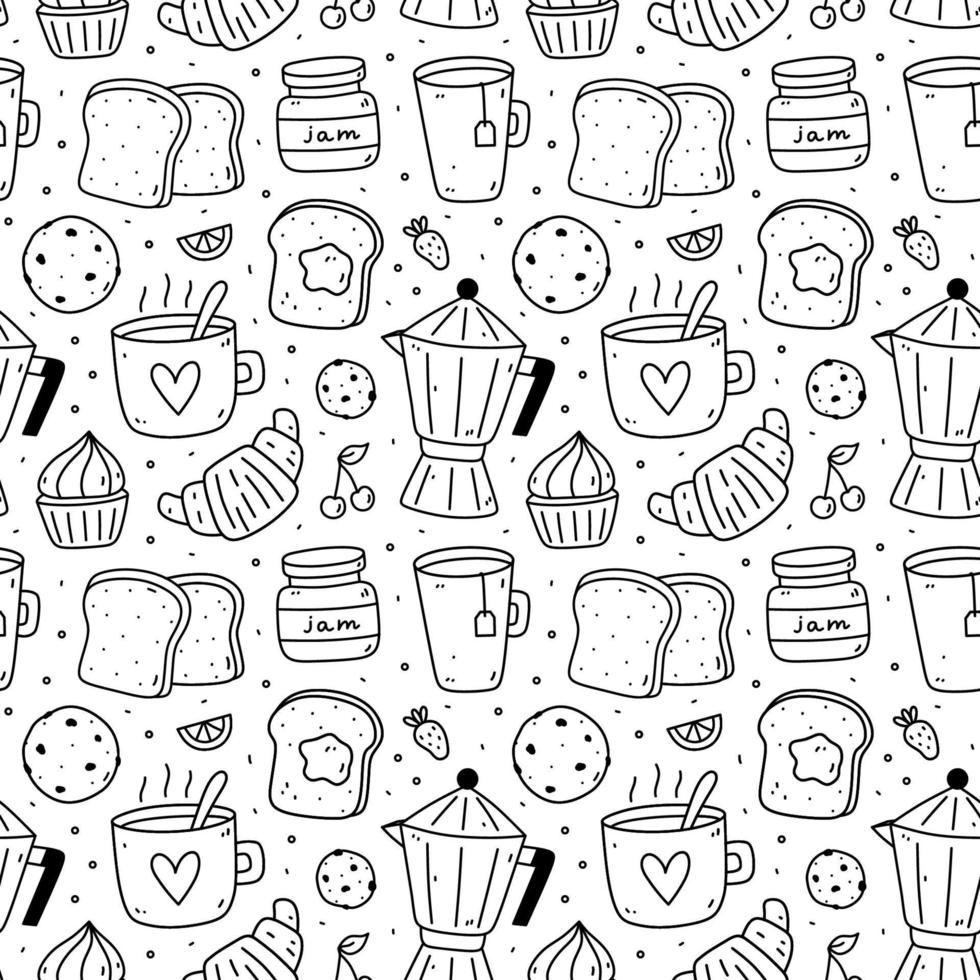 schattig naadloos patroon met ontbijt voedsel - koffie, thee, toast, jam, croissant, koekjes en cupcakes. vector hand getekend tekening illustratie. perfect voor afdrukken, omhulsel papier, behang.