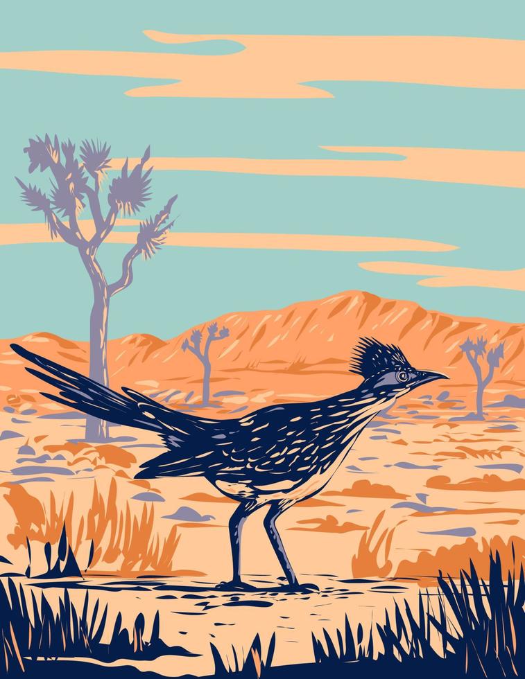 roadrunner dicht struikgewas vogel in Joshua boom nationaal park mojave woestijn Californië wpa poster kunst vector