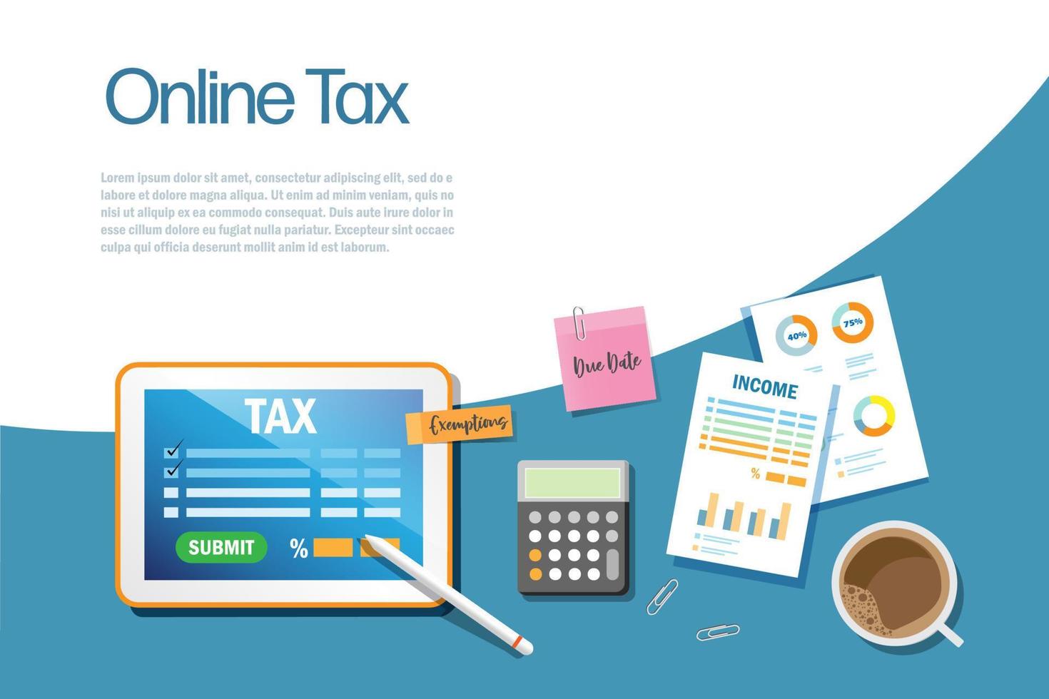 online inkomen belasting indienen ingediend Aan slim tablet met documenten Aan werken bureau top visie. belasting tijd herinnering. vector illustratie.
