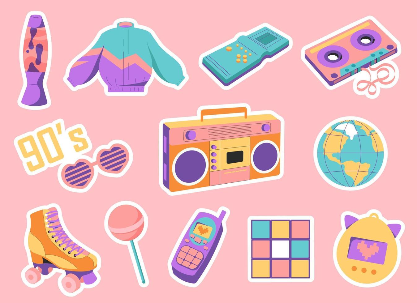 90s mode. stickers in vlak retro ontwerp. 90s voorwerpen en kleding. Tetris, tamagotchi, sportkleding, rubik's kubus, plakband recorder, cassette plakband, lava lamp, rol skates vector