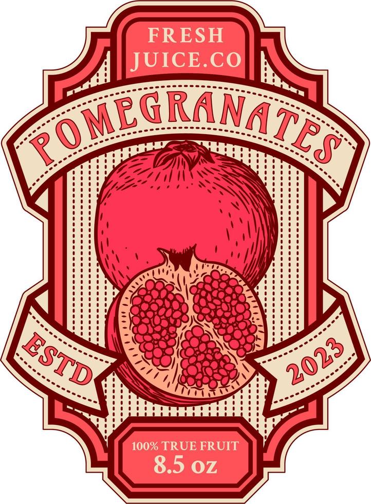 gezond biologisch fruit insigne van vers boerderij granaatappel met lint banners geïsoleerd Aan wit achtergrond. vector illustratie van tekenfilm etiket gebruikt voor tijdschrift, poster, menu, web Pagina's.