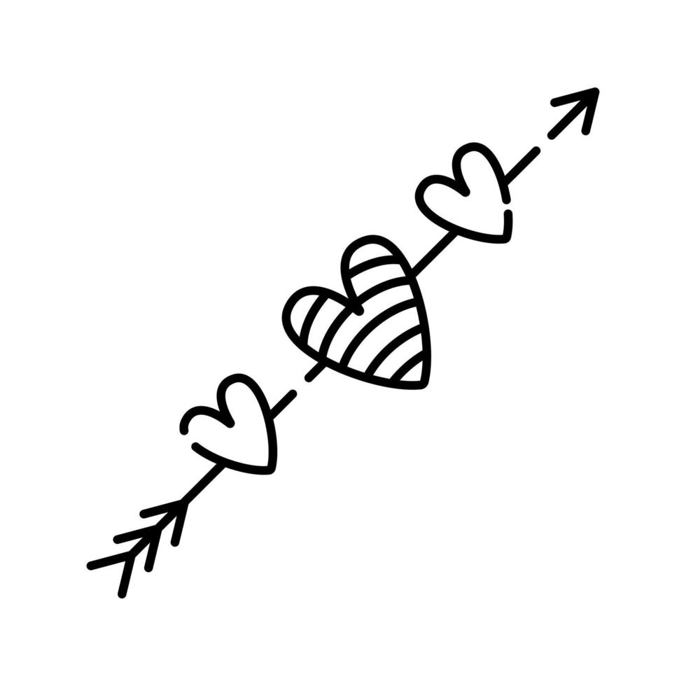 schattig pijl met drie harten, vector zwart lijn illustratie