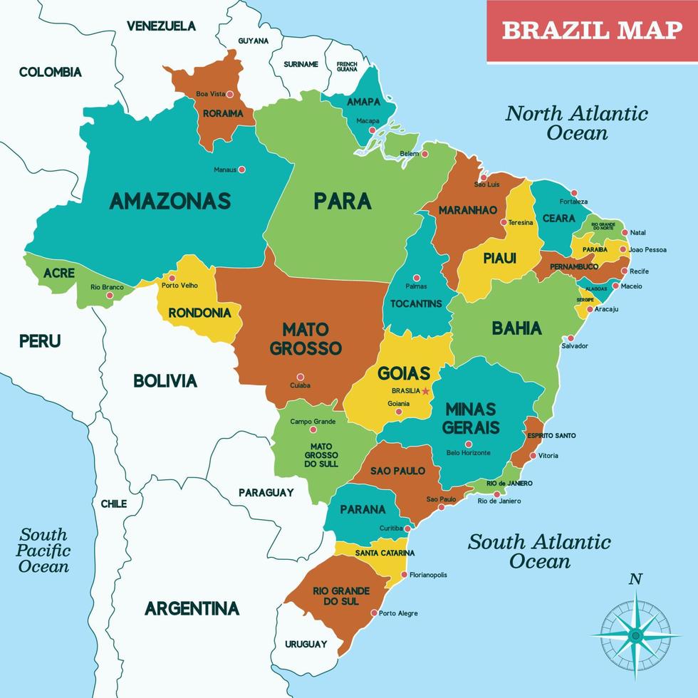 Brazilië kaart met omgeving grens vector