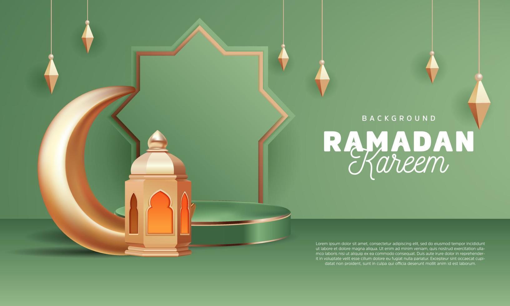 Ramadan kareem ontwerp achtergrond podium stadium groen goud met halve maan maan en lantaarn landschap vector illustratie
