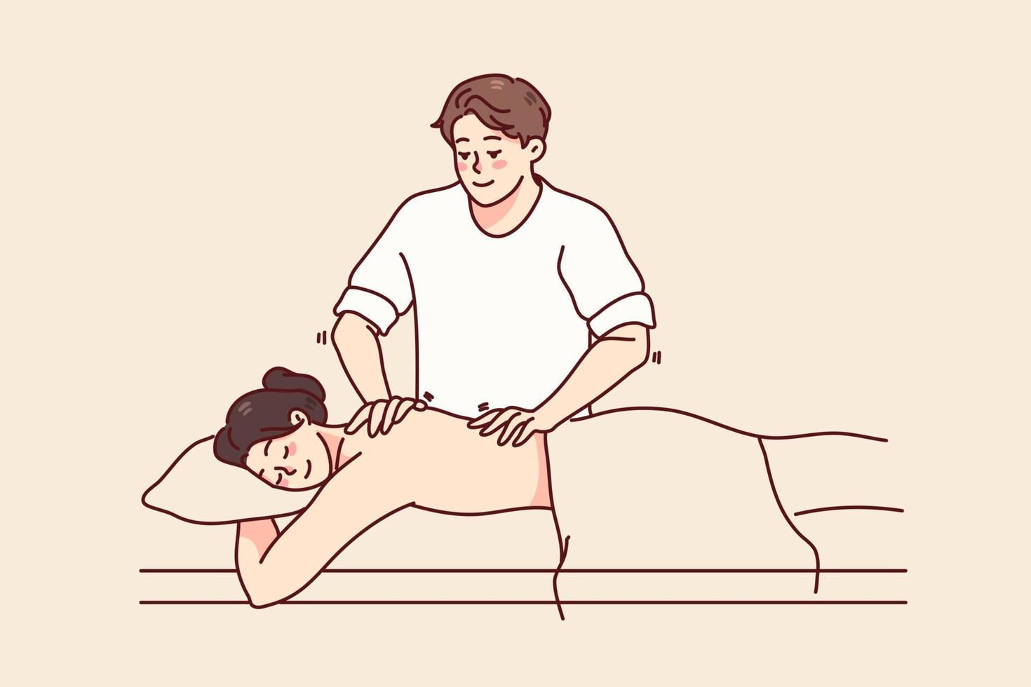 mannetje arts maken terug massage naar vrouw cliënt in spa of salon. masseur helpen vrouw geduldig met rugpijn, herbeleven spier pijn. gezondheidszorg en welzijn. vector illustratie.