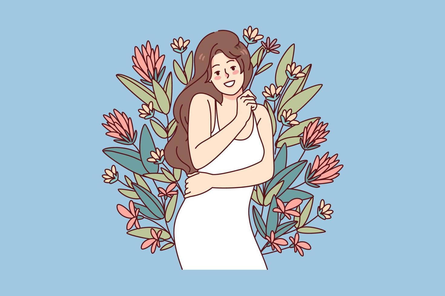 gelukkig vrouw knuffelen haarzelf omringd door bloemen. glimlachen meisje gevoel zelfverzekerd en optimistisch. lichaam positief en liefde jezelf concept. vector illustratie.