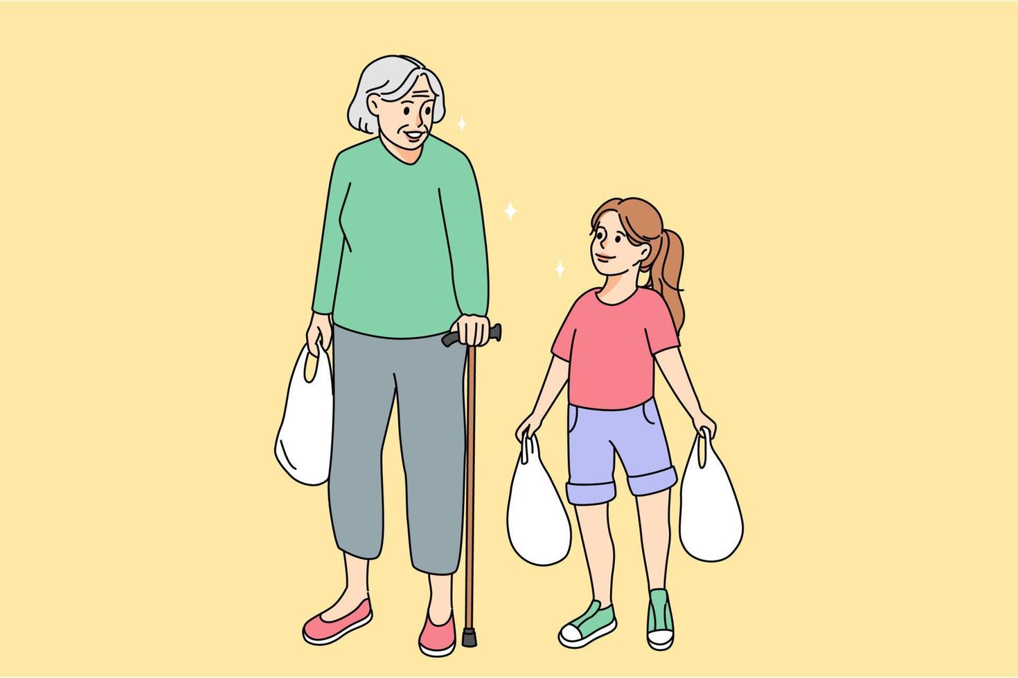tiener meisje dragen Tassen helpen ouderen vrouw met kruidenier winkelen. soort zorgzaam kleindochter houden producten helpen oud grootmoeder met zwaar pakketjes. ouder en jonger generatie. vector illustratie.