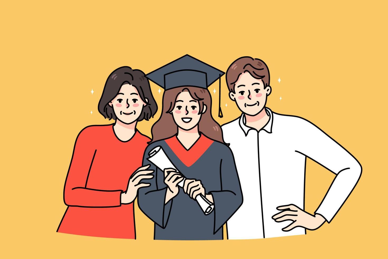 portret van gelukkig ouders met glimlachen millennial dochter in diploma uitreiking pet en mantel. trots moeder en vader met meisje kind afstuderen van school- of Universiteit. onderwijs succes concept. vector