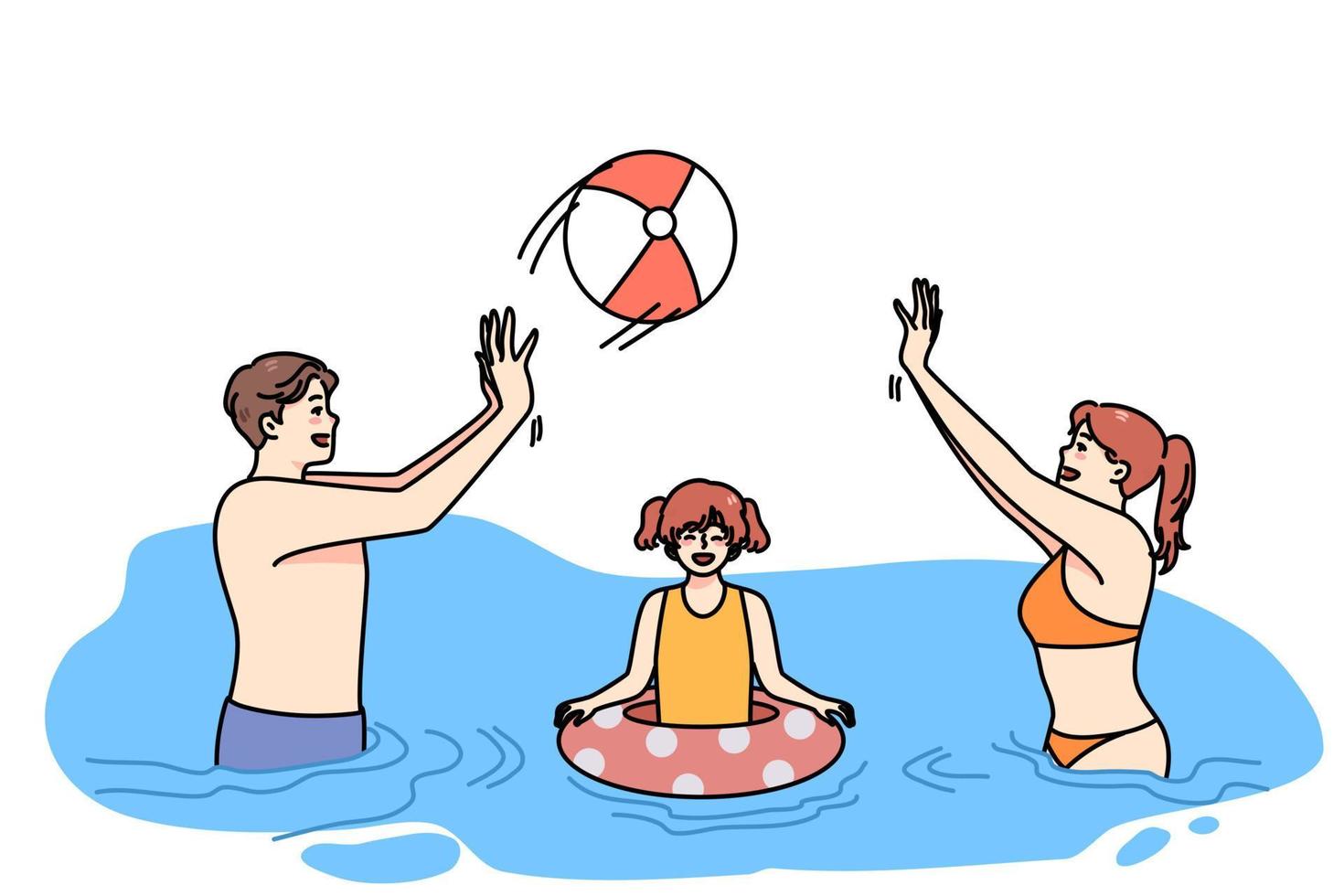 dolblij jong familie met gelukkig kind hebben pret in water Aan zomer vakanties. glimlachen ouders Speel bal genieten vakantie met dochter Aan toevlucht. zomertijd reizen. vector illustratie.