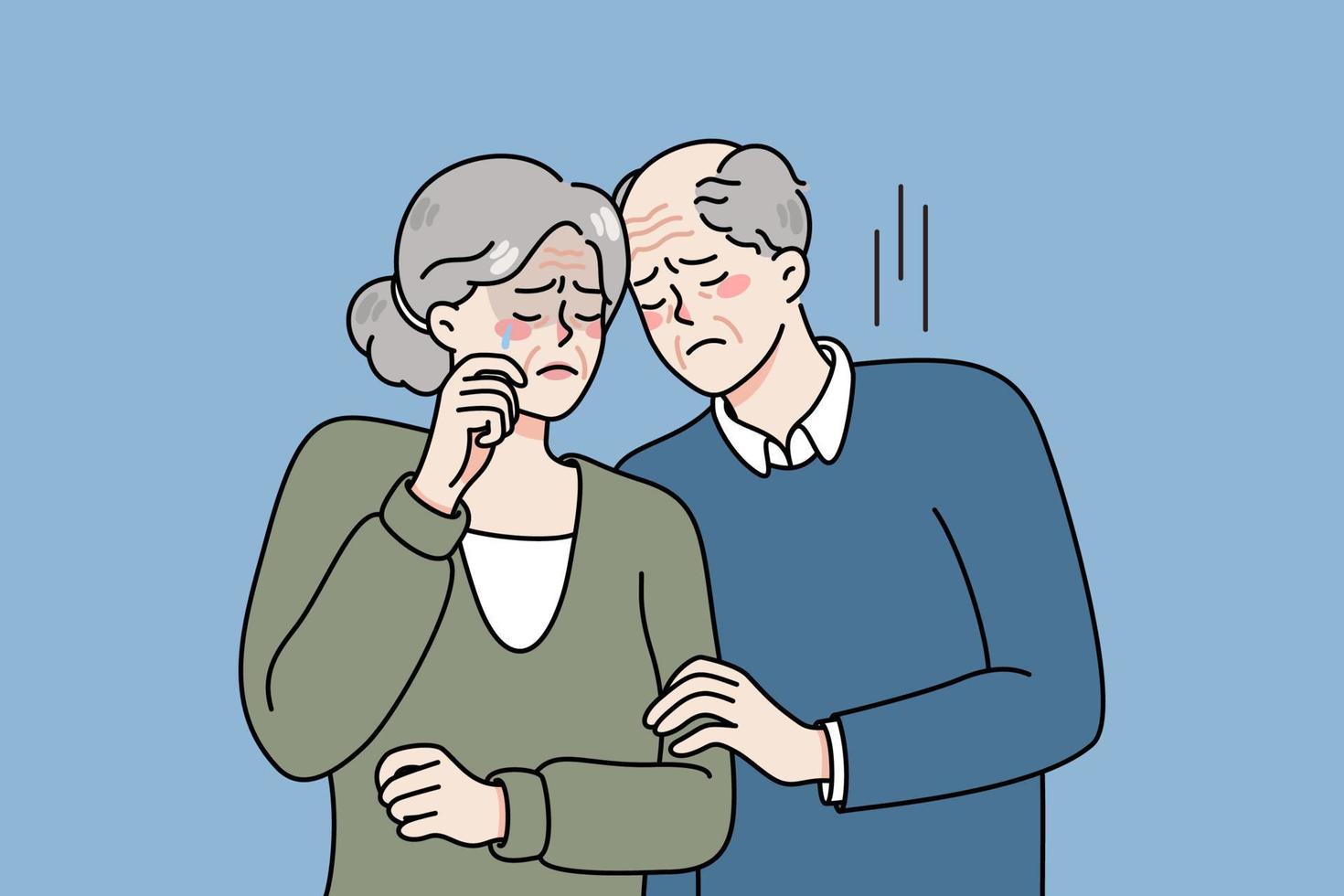 ongelukkig ouderen Mens en vrouw knuffelen voelen verdrietig en eenzaam Aan volwassenheid. van streek eenzaam volwassen paar huilen rouw of rouwend. senior grootouders in wanhoop. vector illustratie.
