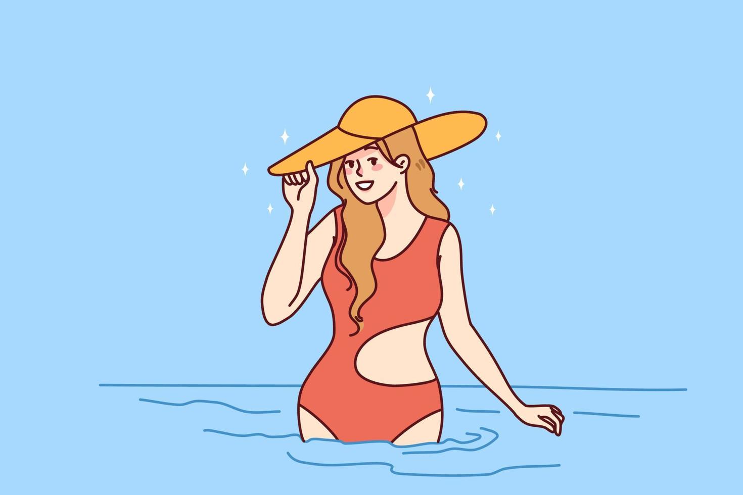 glimlachen jong vrouw in zwempak en zomer hoed poseren in zee Aan vakantie. mooi fit meisje in bikini genieten vakantie Bij toevlucht. reizen concept. vector illustratie.