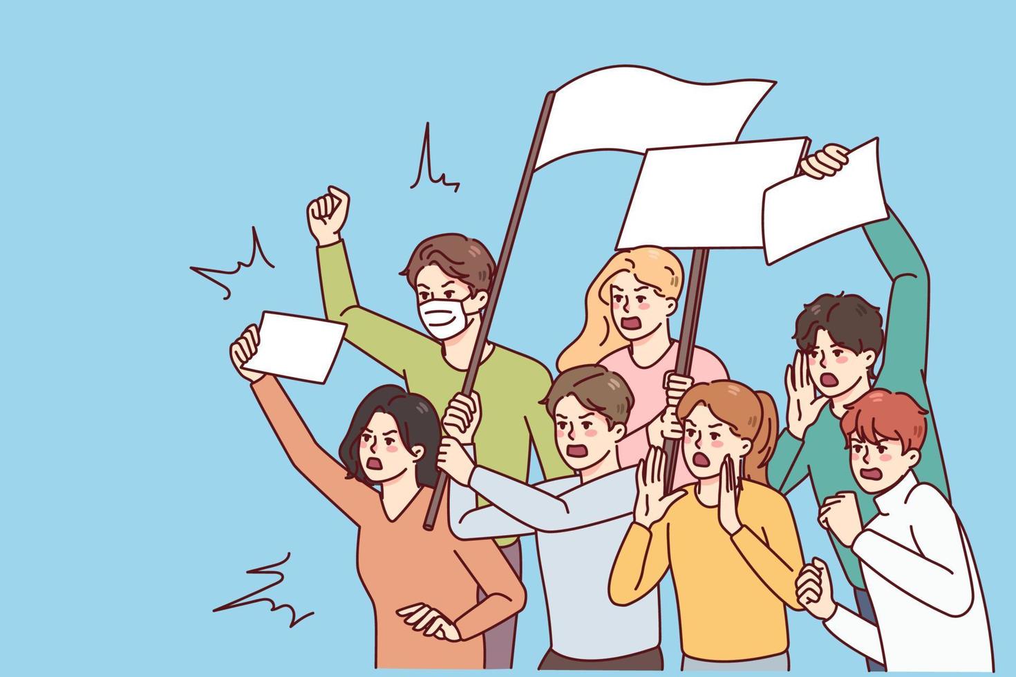 boos mensen met plakkaten protest Aan demonstratie of opstand. woedend activisten staan tegen discriminatie Aan ontmoeting. vector illustratie.