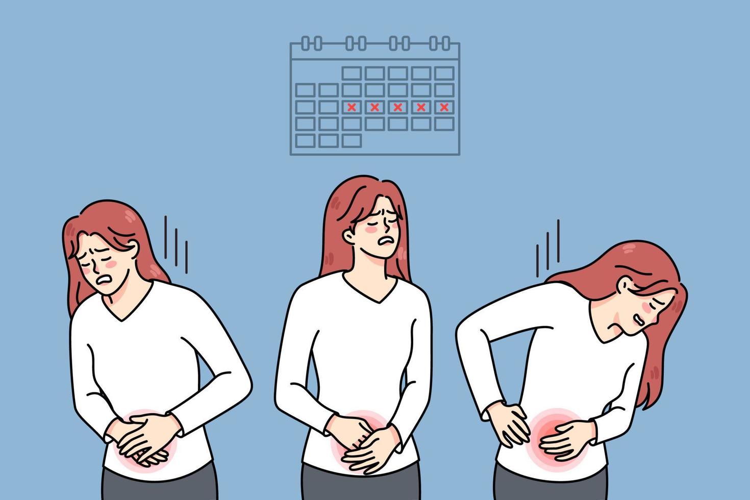 ongezond vrouw lijden van pijnlijk menstruatie. onwel vrouw worstelen met maag pijn gedurende periodes, nodig hebben pijnstiller. vrouwelijk Gezondheid concept. vector illustratie.