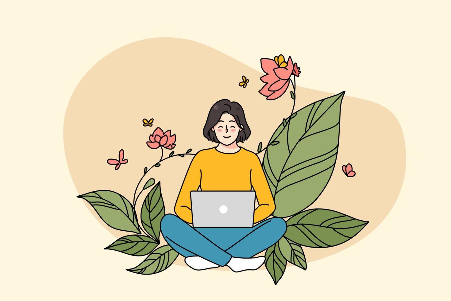 glimlachen meisje freelancer werk online Aan computer Aan bloem groen achtergrond. gelukkig jong vrouw gebruik laptop voor afgelegen baan Aan internet in natuur. ver weg onderwijs. vlak vector illustratie.