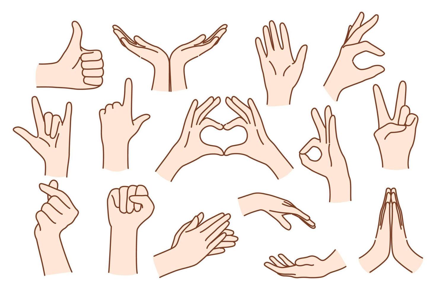 reeks van persoon handen tonen verschillend hand- gebaren uitdrukken gedachten en emoties. Mens of vrouw spreken praten gebruik makend van teken taal. non-verbaal communicatie concept. vlak vector illustratie.