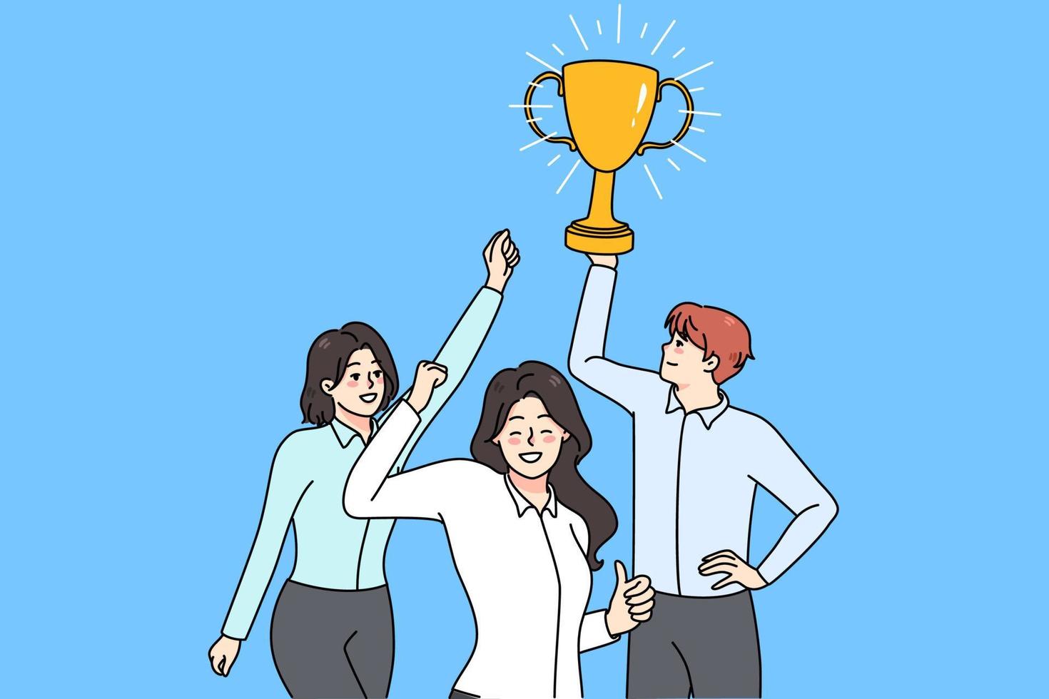 dolblij werk team houden gouden prijs vieren gedeeld winnen. glimlachen verschillend werknemer met prijs bereiken bedrijf succes of doel samen. samenspel en vennootschap. vector illustratie.