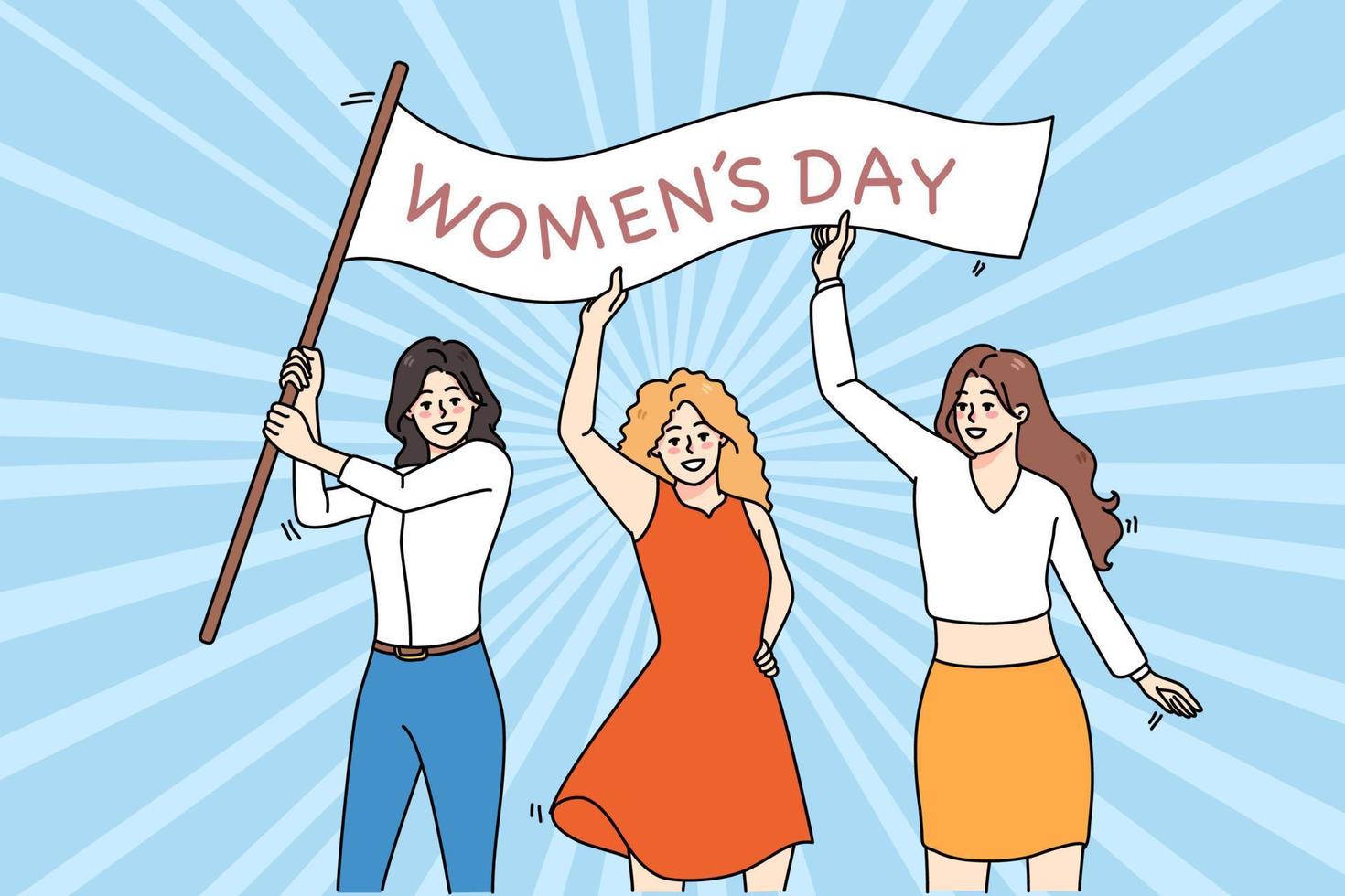 glimlachen verschillend Dames met banier voor Internationale vrouw dag vieren samen. gelukkig vrouw activisten strijd voor feministisch rechten en gelijkwaardigheid. feminisme en meisje stroom. vector illustratie.