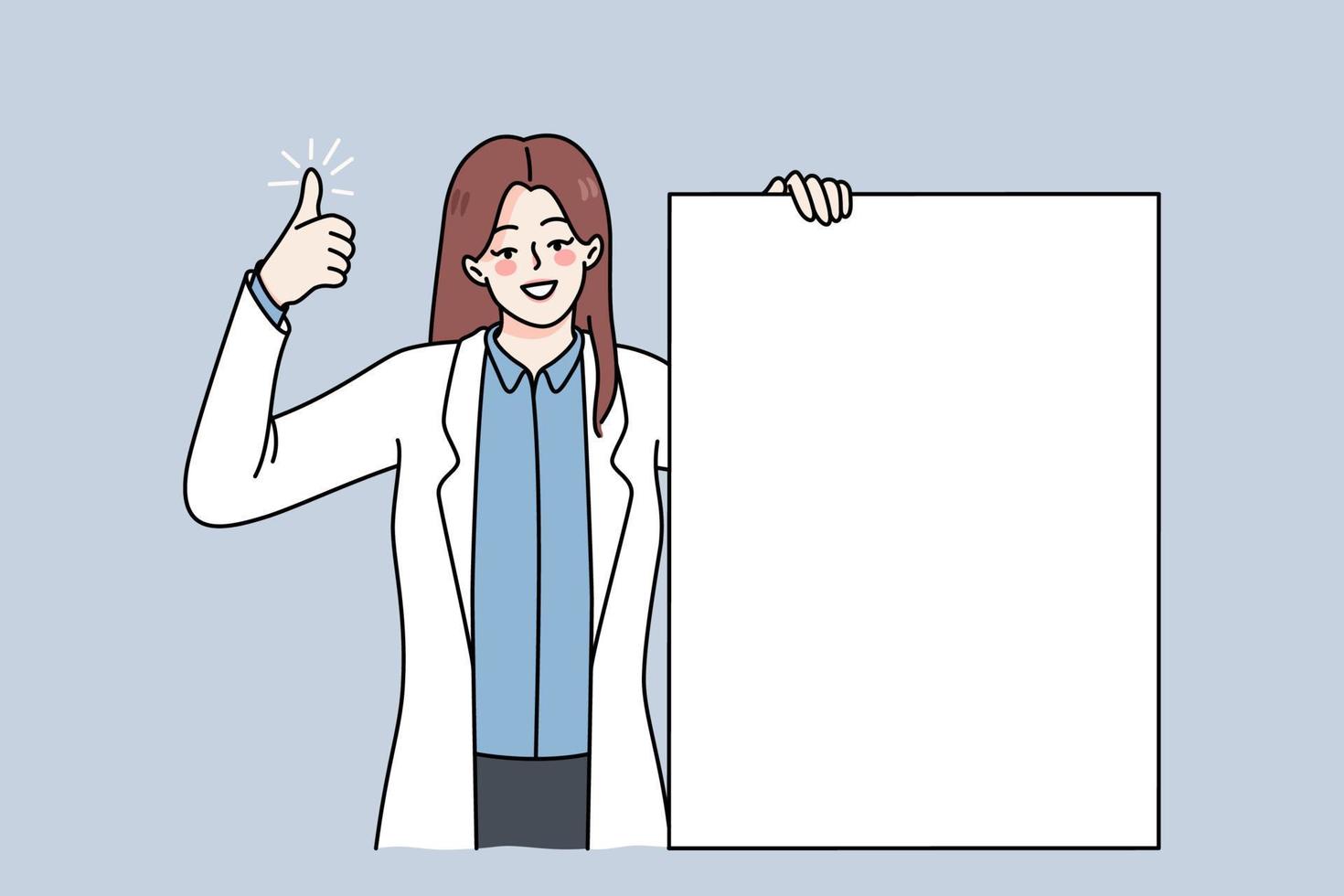 glimlachen vrouw dokter houden blanco leeg banier voor reclame tonen duimen omhoog. gelukkig vrouw verpleegster demonstreren mockup papier adviseren medisch overeenkomst. kopiëren ruimte. vector illustratie.