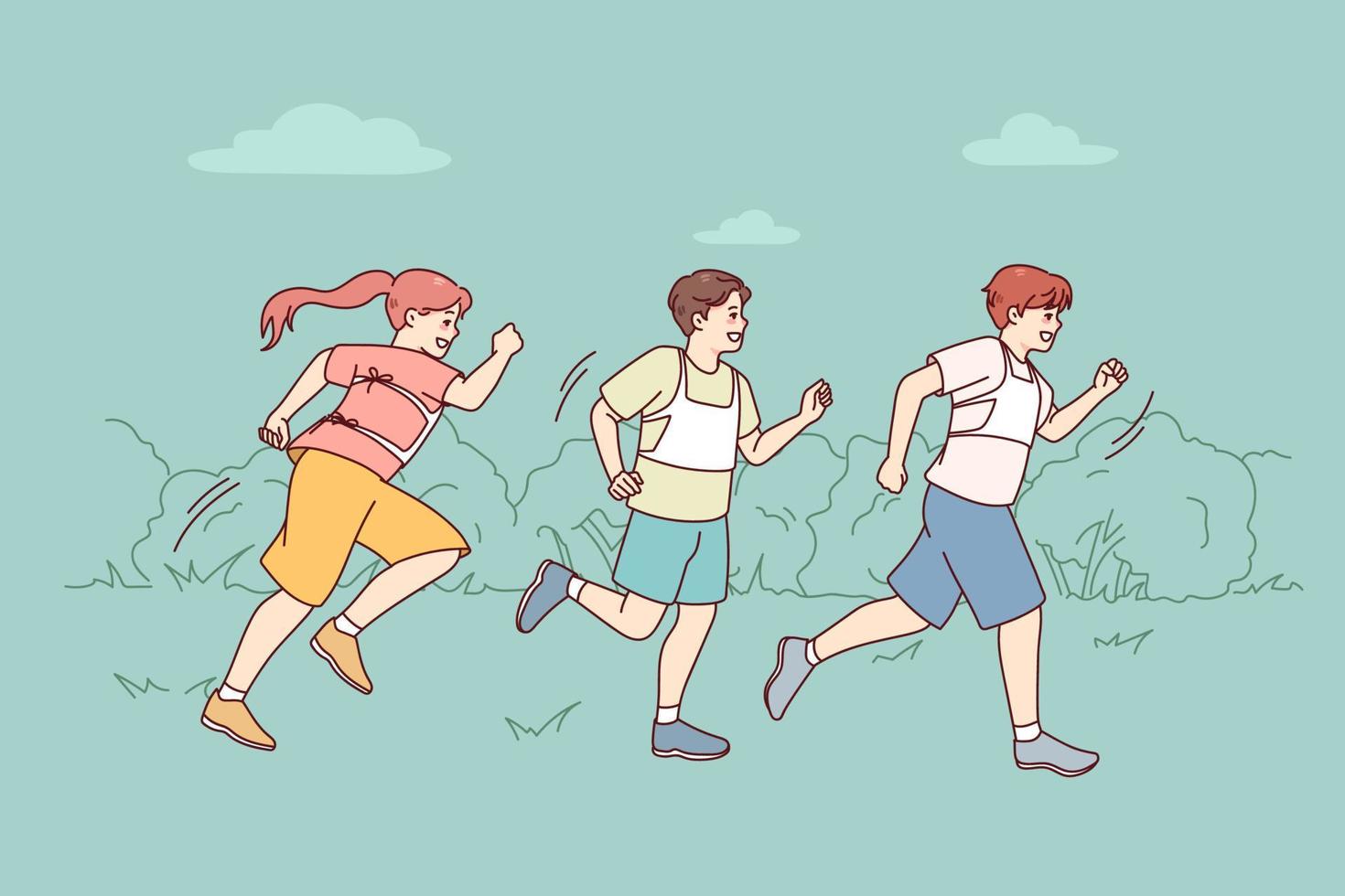 gelukkig kinderen rennen buitenshuis Aan marathons. glimlachen kinderen joggen deelnemen in rennen wedstrijd. sport uitdaging concept. vector illustratie.