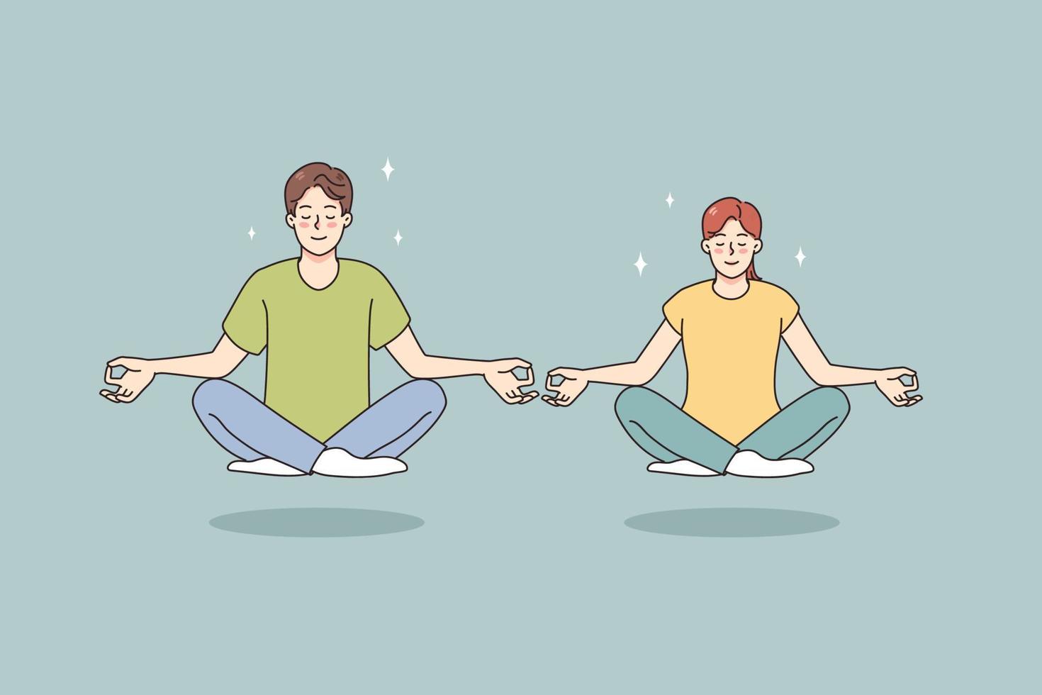 kalmte Mens en vrouw met mudra handen mediteren in lotus positie Doorzichtig gedachten. gelukkig paar praktijk yoga met ogen Gesloten verlichten negatief emoties ademen vers lucht. vector illustratie.