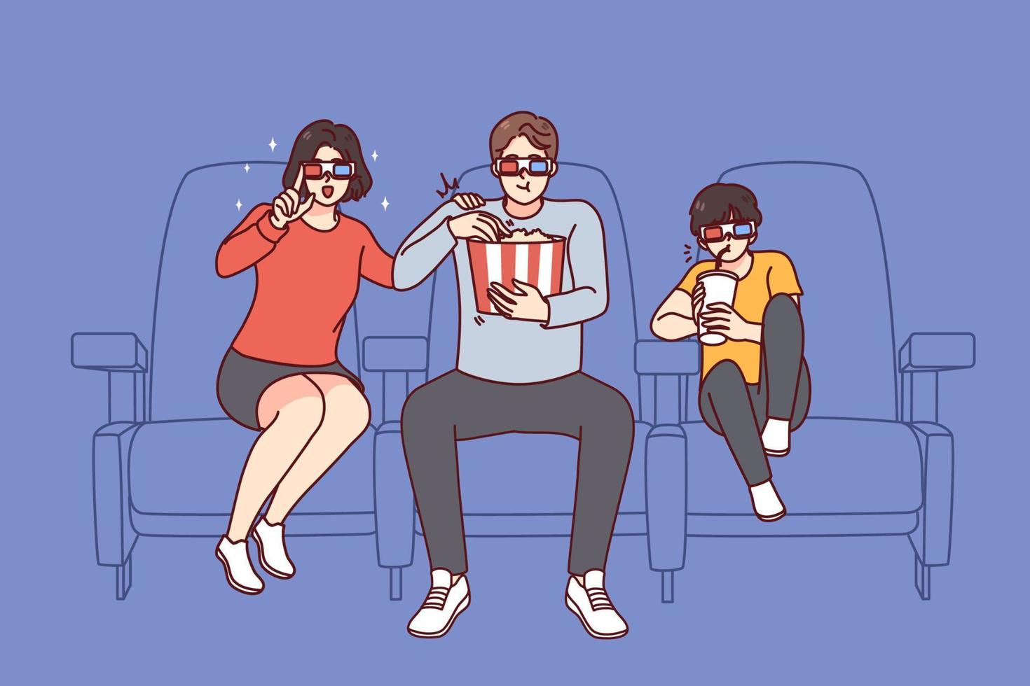 gelukkig familie met 3d bril genieten film in bioscoop samen. glimlachen ouders en zoon hebben pret aan het kijken film in theater Aan weekend. vermaak concept. vector illustratie.