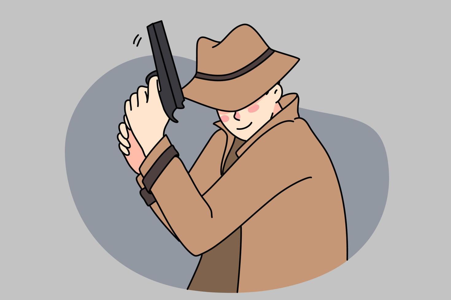 mannetje detective in jas en hoed Holding geweer spionage voor crimineel of verdachte. Mens spion of Politie officier undercover na te streven overtreder met vuurwapen. privaat middel werk. vector illustratie.