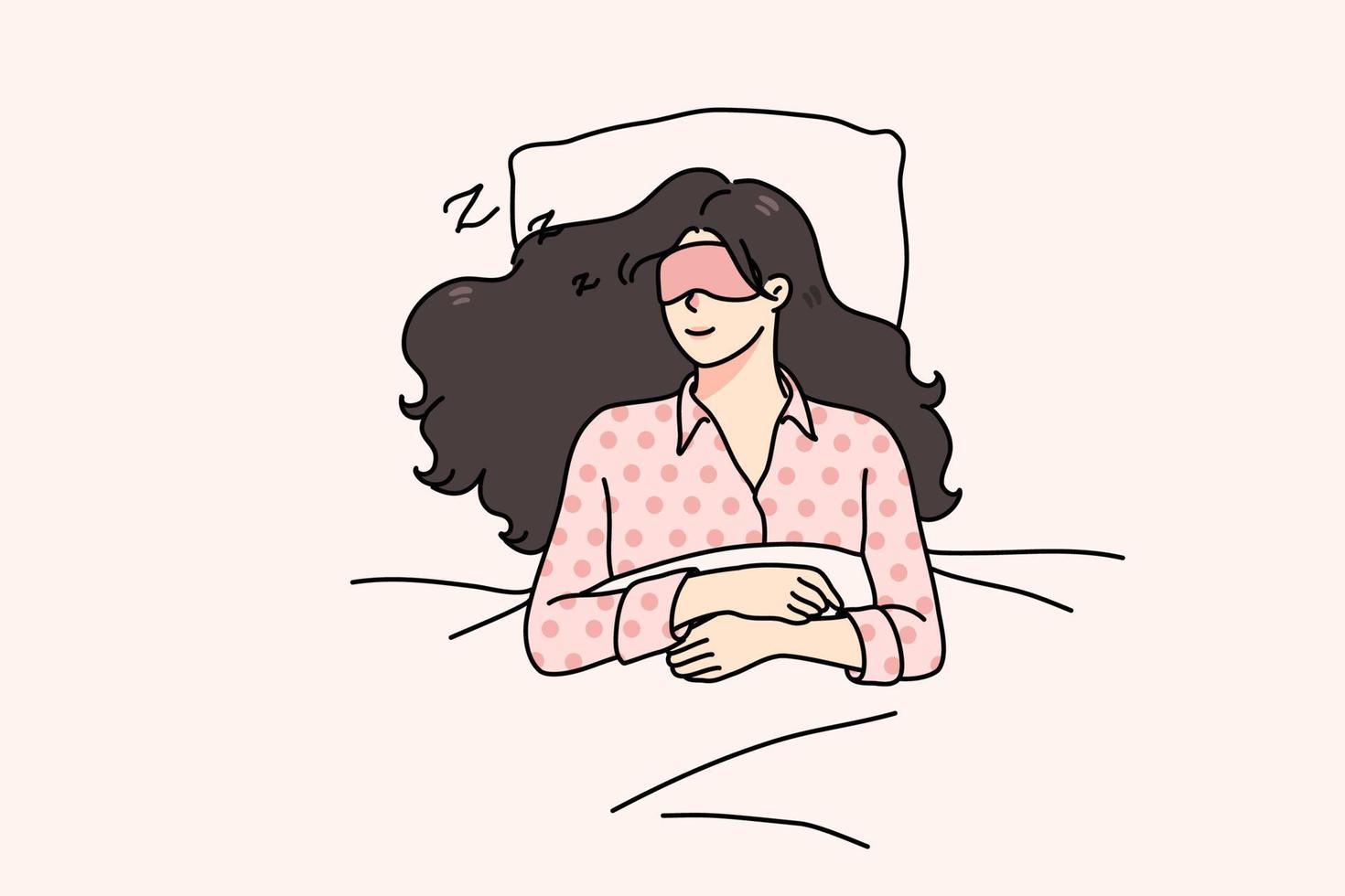 kalmte jong vrouw met oog masker aan het liegen ontspannende in zacht bed slapen of nemen dutje. ontspannen millennial meisje in slaap in slaapkamer, zien dromen Bij nacht. ontspanning en vermoeidheid. vector illustratie.