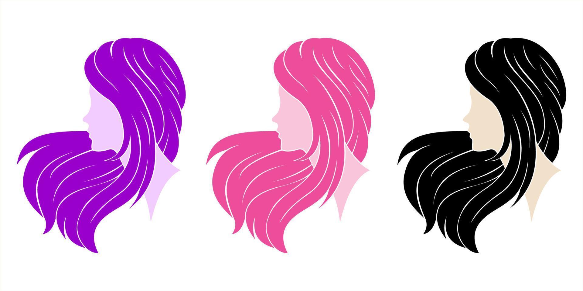 vrouw hoofden logo. mooi vrouw gezichten met lang haar, schoonheid meisje kapsel logo silhouet vector elegantie