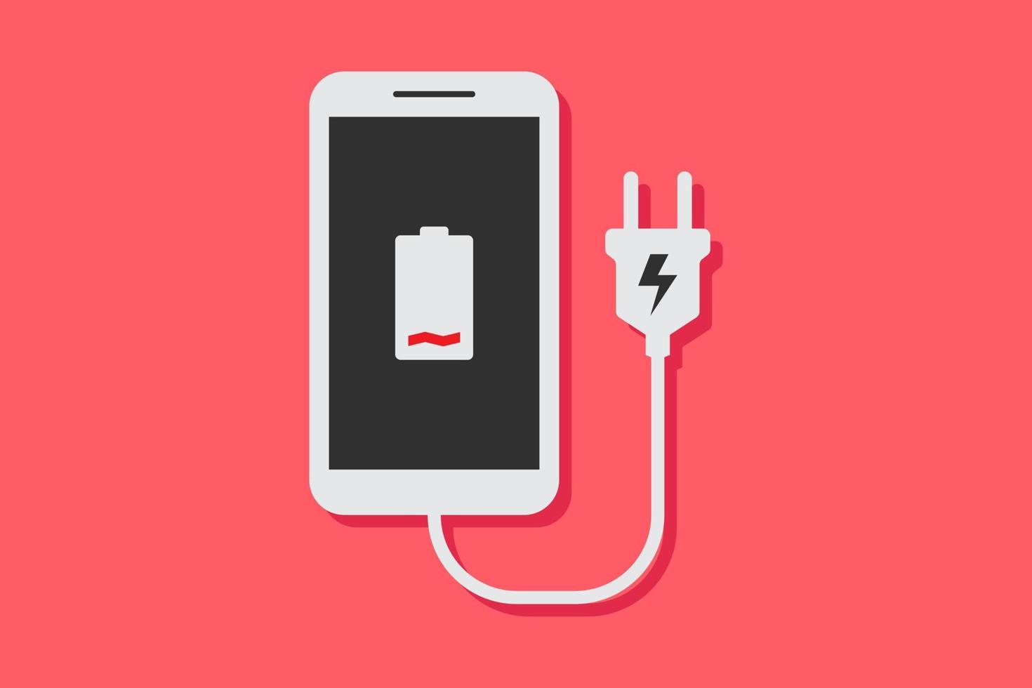 opladen een smartphone accu, smartphone en een macht jack met rood achtergrond, vlak ontwerp stijl vector illustratie