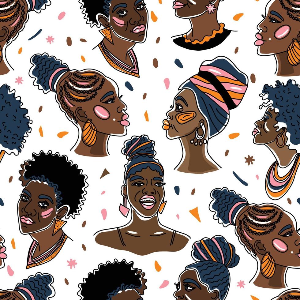 Afro-Amerikaanse mooie meisjes. vectorillustratie van zwarte vrouw met glanzende lippen en tulband. geweldig voor avatars. naadloze oppervlaktepatroon geïsoleerd op wit. vector