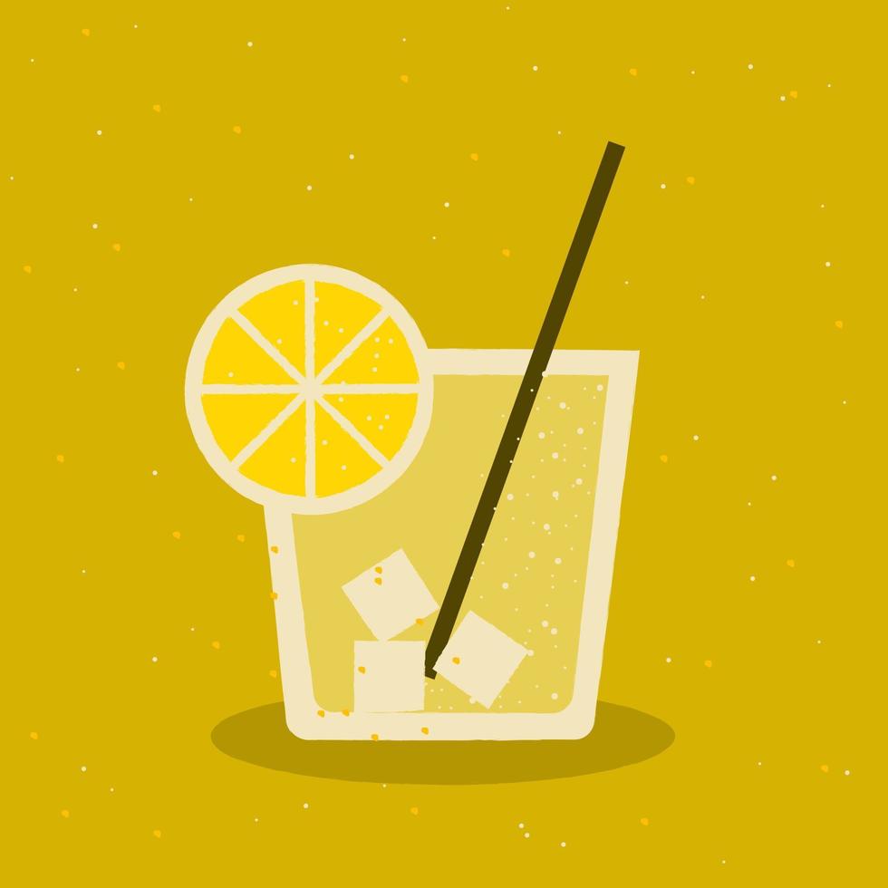 limonade met ijs in glas met rietje over- geel achtergrond, retro stijl vector illustratie.