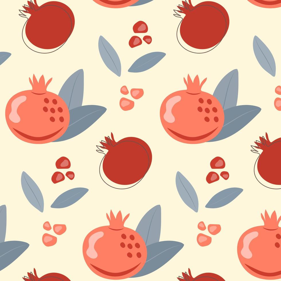 naadloos patroon met granaatappel fruit, bladeren en zaden in een vlak stijl Aan een licht achtergrond. vector