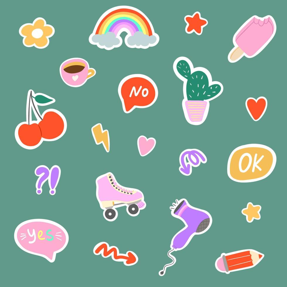 reeks van grappig stickers. retro insignes. thee, rol vleet, Softijs, haar- droger, regenboog, potlood en anderen. verschillend zinnen en woorden. tekenfilm stijl vector