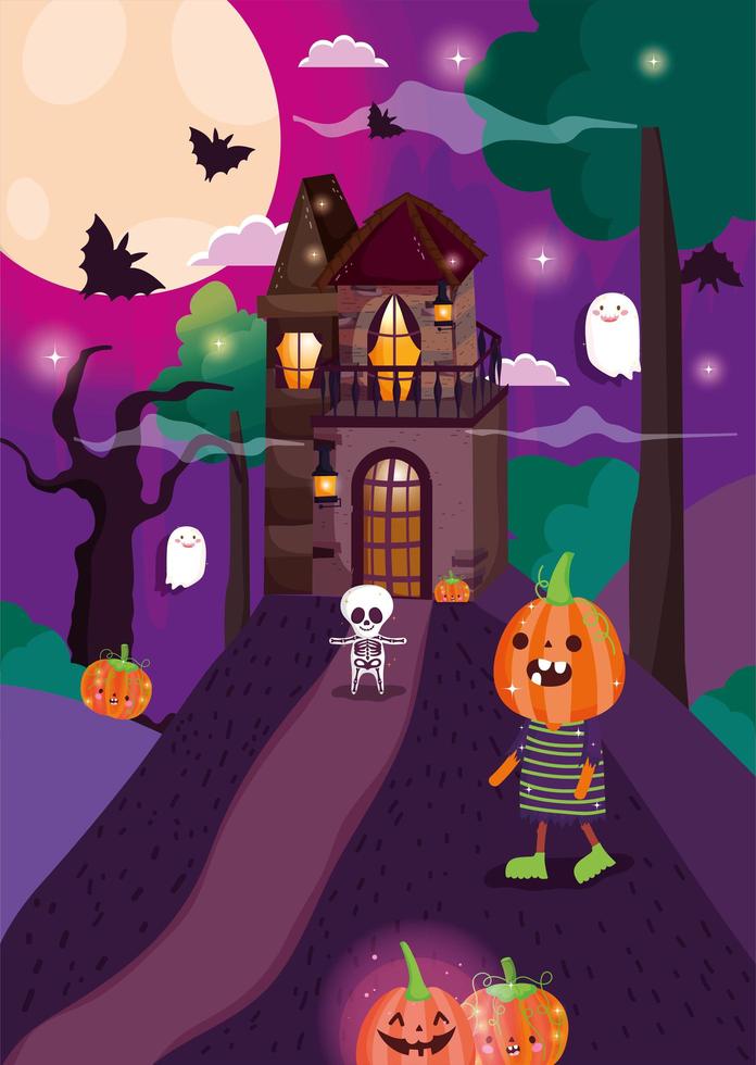 happy halloween, trick or treat met schattige karakters vector