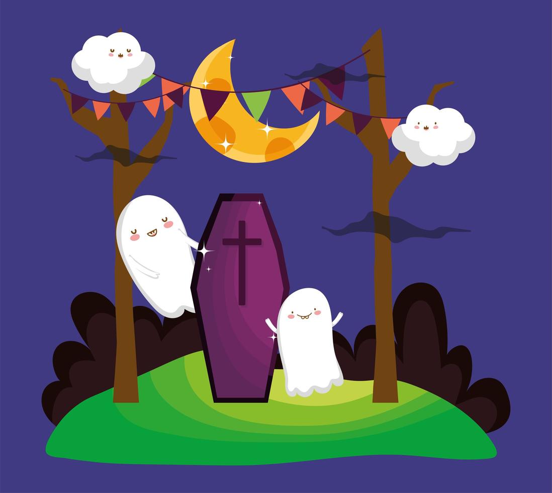 happy halloween-afbeelding met schattige geesten vector