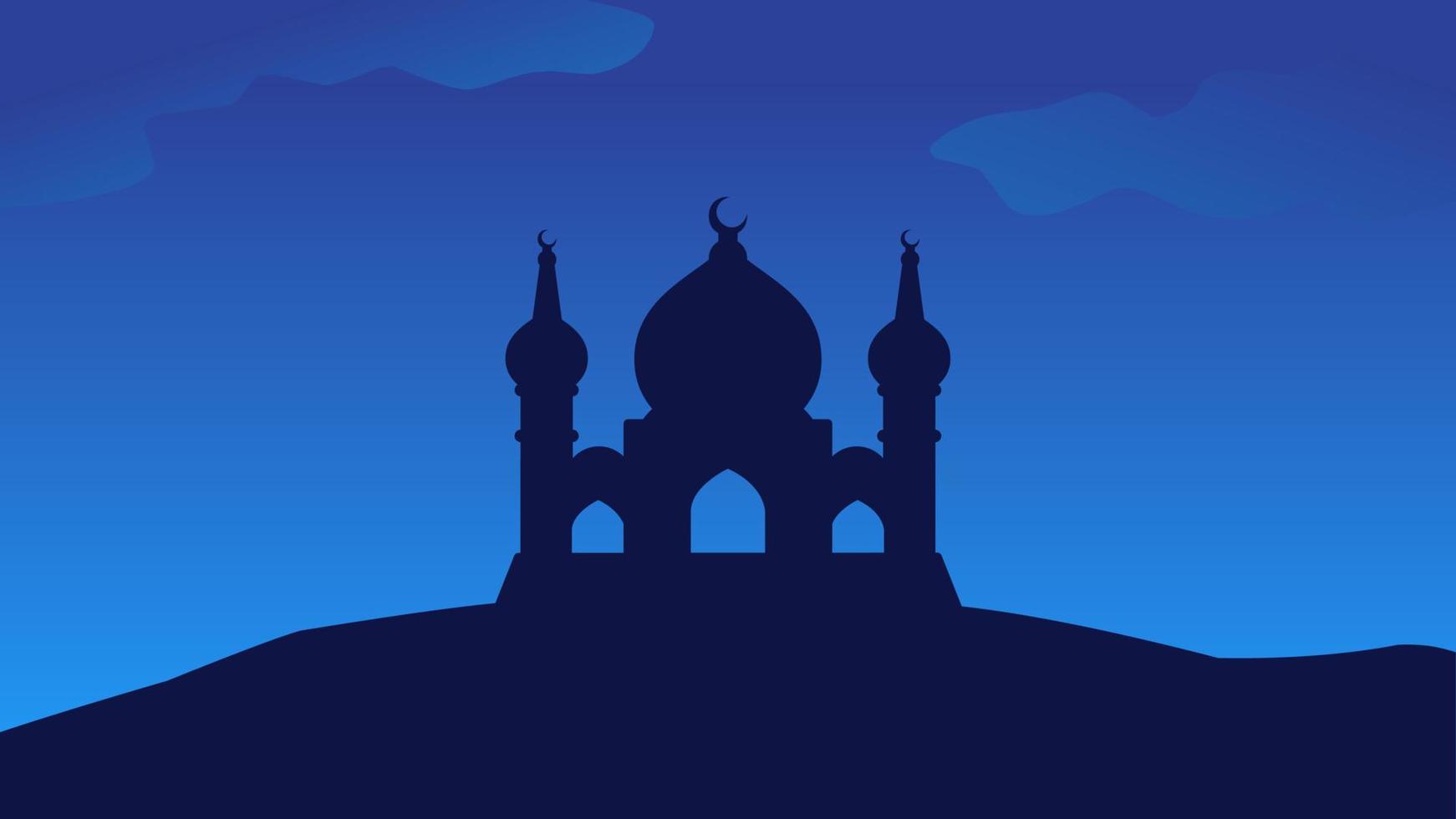 silhouet landschap van moskee met nacht blauw lucht voor Ramadan ontwerp grafisch. vector illustratie van Islamitisch achtergrond voor Ramadan viering in moslim cultuur en Islam religie