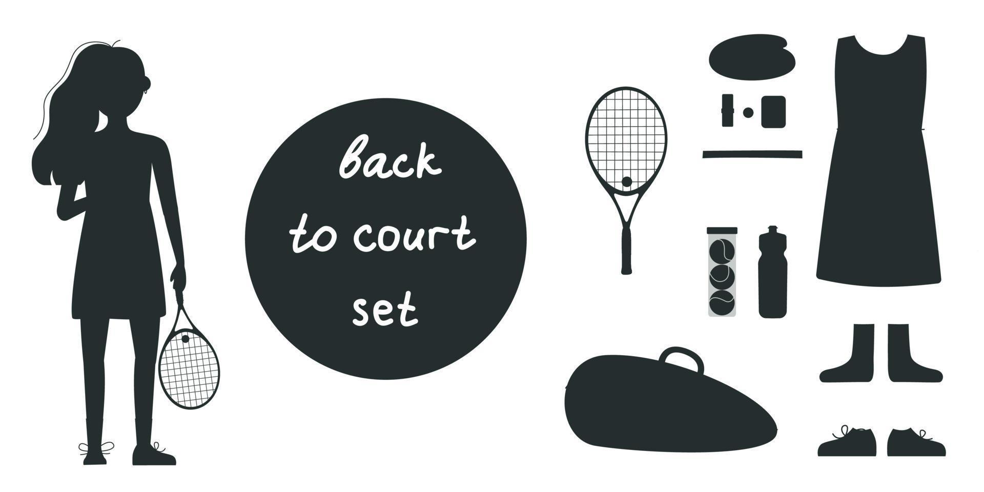 vlak vector silhouet illustratie in kinderachtig stijl. hand- getrokken tennis speler, uitrusting en uitrusting