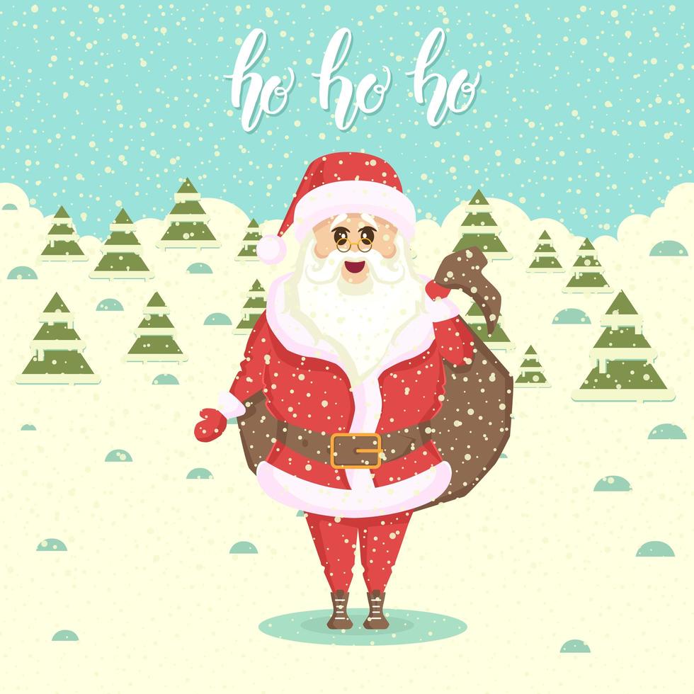 santa met een zak met geschenken. landschap met sneeuwlaag en kerstbomen. vlakke stijl illustratie. gelukkig nieuwjaar en kerstmis. handgemaakte letters -ho ho ho vector