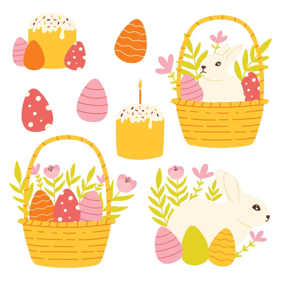 Pasen reeks van elementen. Pasen konijn, eieren, Pasen taart. vector illustratie. vlak hand- getrokken stijl. Pasen stickers.