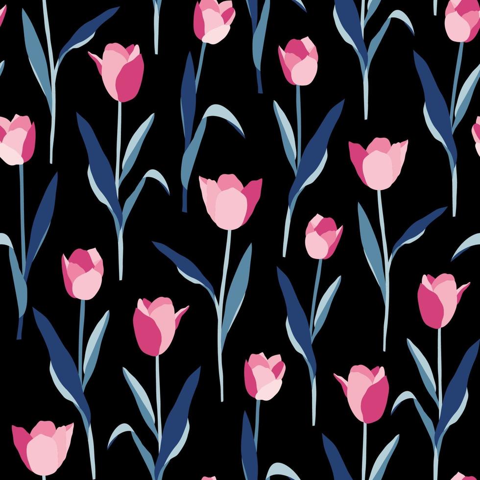 tulpen bloemen naadloze patroon op zwarte achtergrond vector
