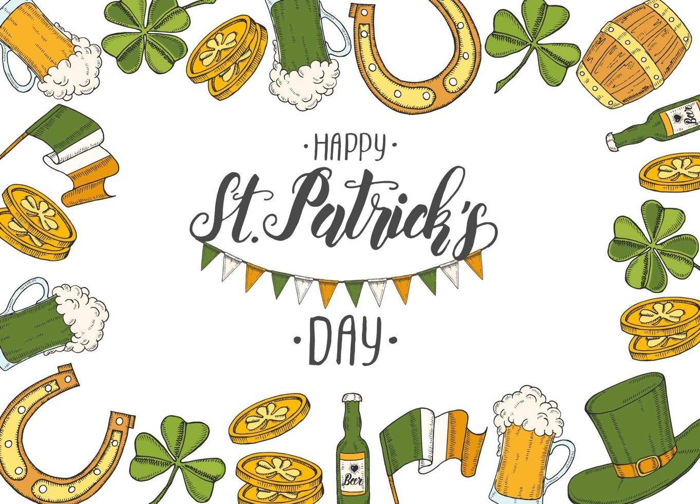 st patrick's day poster met hand getrokken st. patrick's hoed, hoefijzer, bier, vat, Ierse vlag, klavertje vier en gouden munten. belettering. gravure van illustraties vector