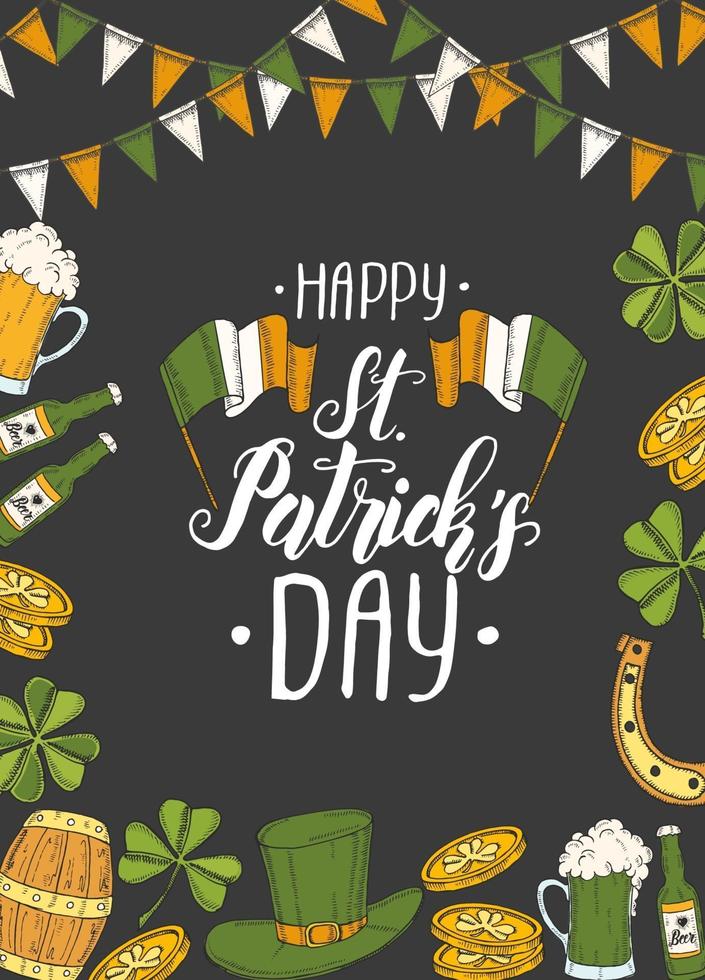 st patrick's day poster met hand getrokken st. patrick's hoed, hoefijzer, bier, vat, Ierse vlag, klavertje vier en gouden munten. belettering. gravure van illustraties vector