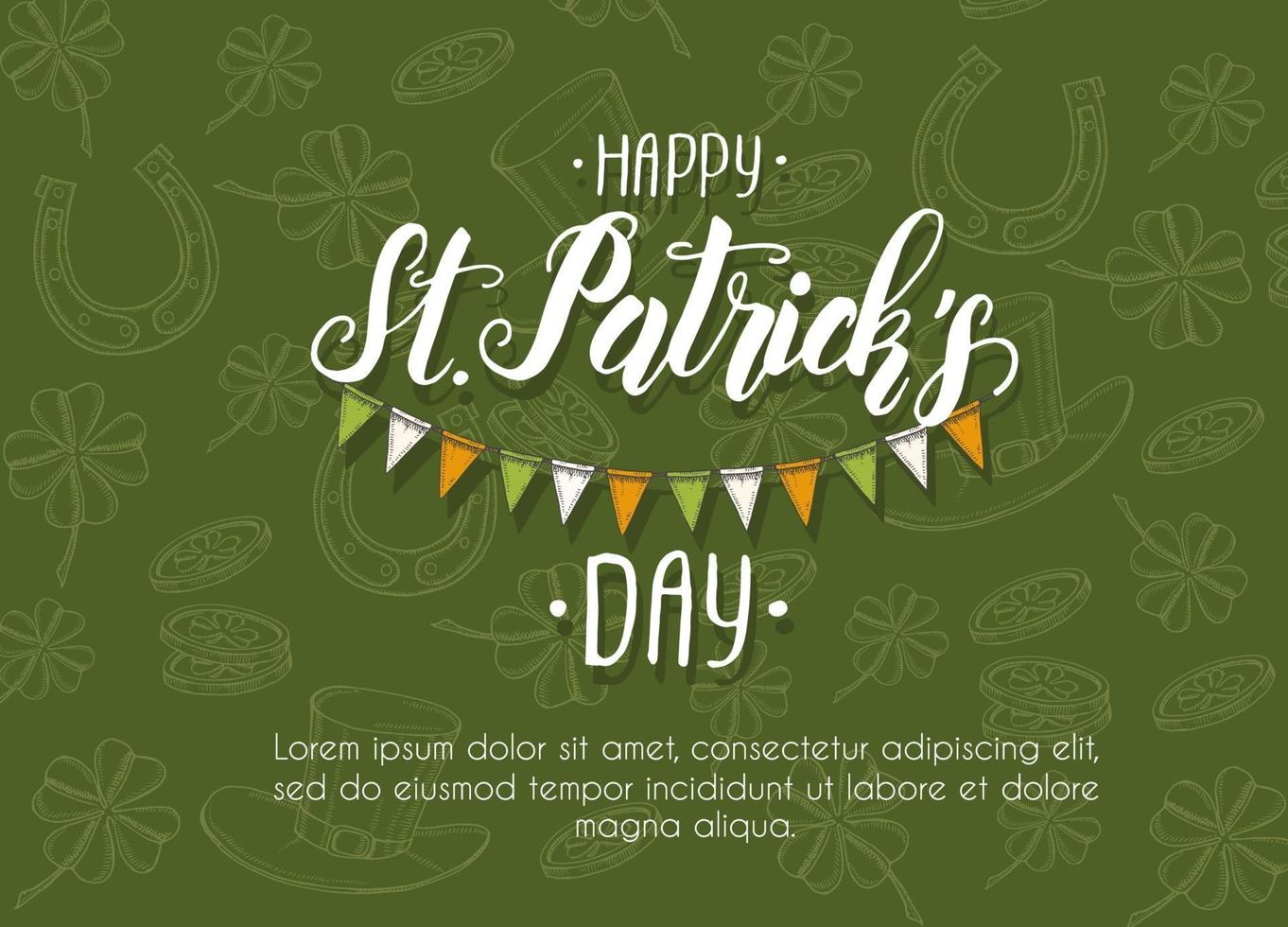 st patrick's day poster met hand getrokken doodle st. patrick's hoed, hoefijzer, klavertje vier en gouden munten. st patrick's day. belettering. plaats voor uw tekst. vector