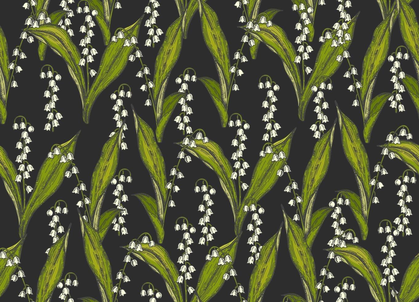 lente naadloze patroon met hand getrokken bloemen lelietje-van-dalen op zwart. patroon kan worden gebruikt voor behang, webpagina-achtergrond, oppervlaktestructuren. vector