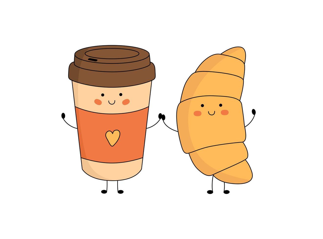 schattig croissant en papier koffie kop tekens met glimlachen gezicht, handen en poten. grappig, gelukkig tekenfilm mascotte. vector vlak illustratie