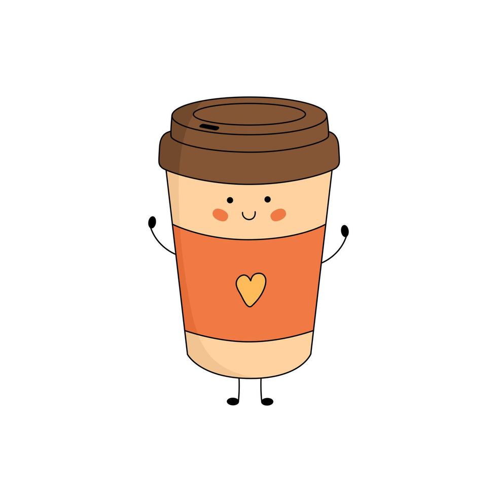 schattig papier koffie kop karakter met glimlachen gezicht, handen en poten. grappig, gelukkig tekenfilm mascotte. vector vlak illustratie
