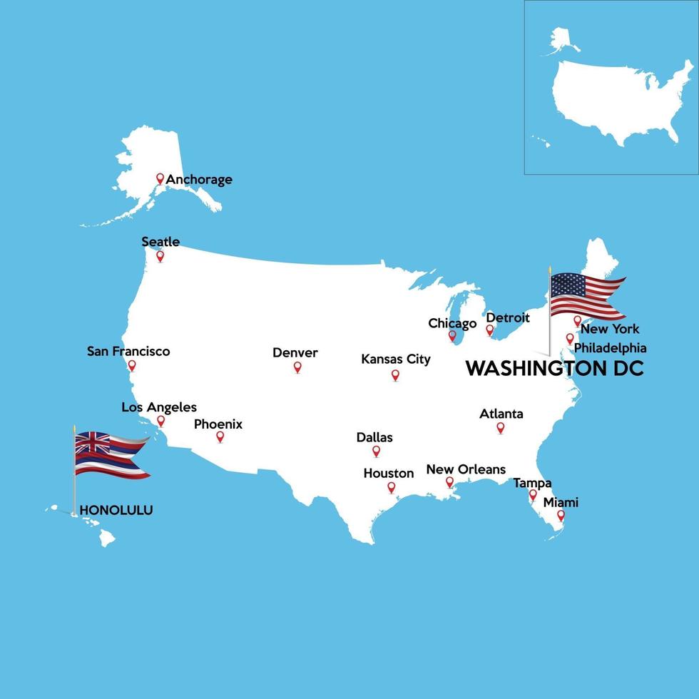 een gedetailleerde kaart van de verenigde staten van amerika met indexen van de grote steden van het land. nationale vlag van de staat. vector